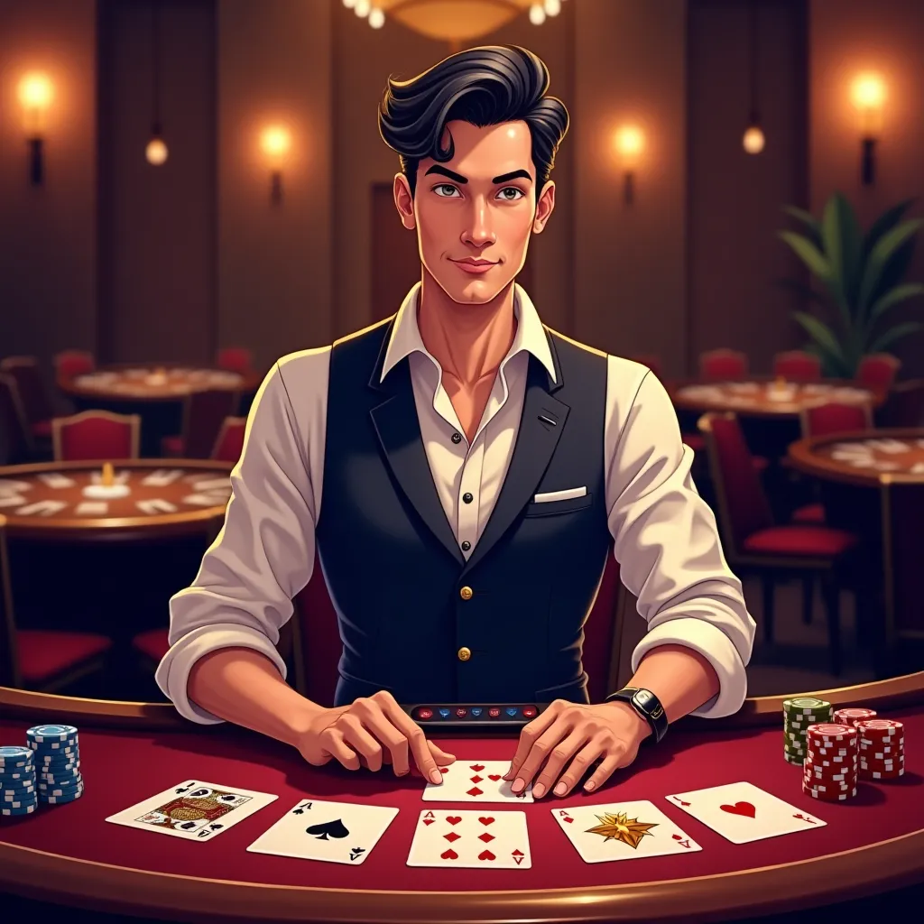 Cartoon live dealer studio with neon roulette wheel